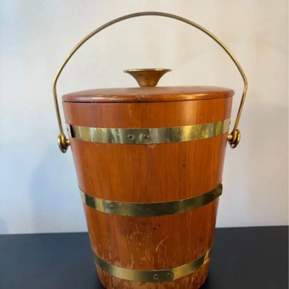 Vintage Mid Century Modern Teak Ice Bucket Brass Bands MCM Barware Barrel